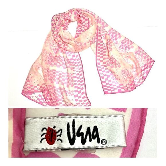 Vera Neumann Large Silk Chiffon Rectangle Scarf Pink Ivory Hand Rolled 27x68” - Picture 1 of 11